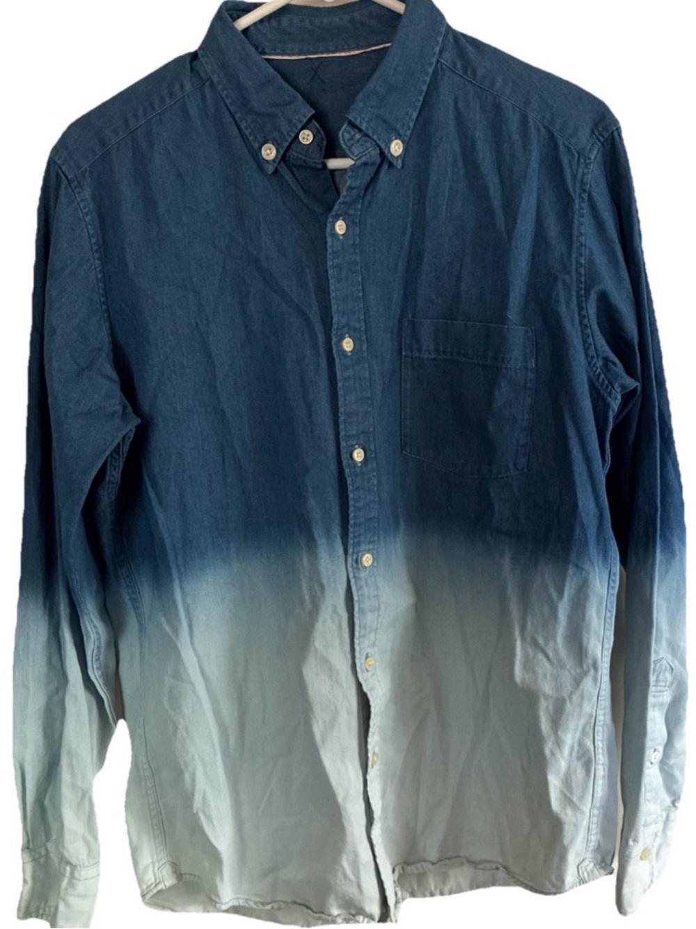 Uniqlo-Ombre Women Denim Long Sleeve Shirt DipDye Blue Button Down 38” Bust Sz M